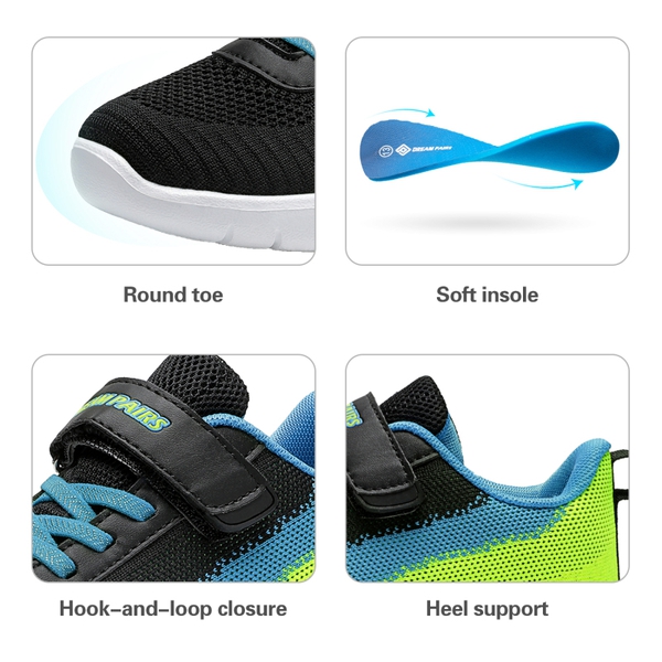 [EZ-Ons MagicZips] Boys Girls Tennis Running Shoes - BLACK BLUE NEON GREEN - 2